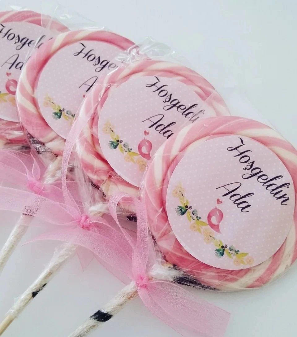 20 ADET ETİKETLİ KURDELELİ PEMBE BEYAZ LOLİPOP BEBEK ŞEKERİ L39